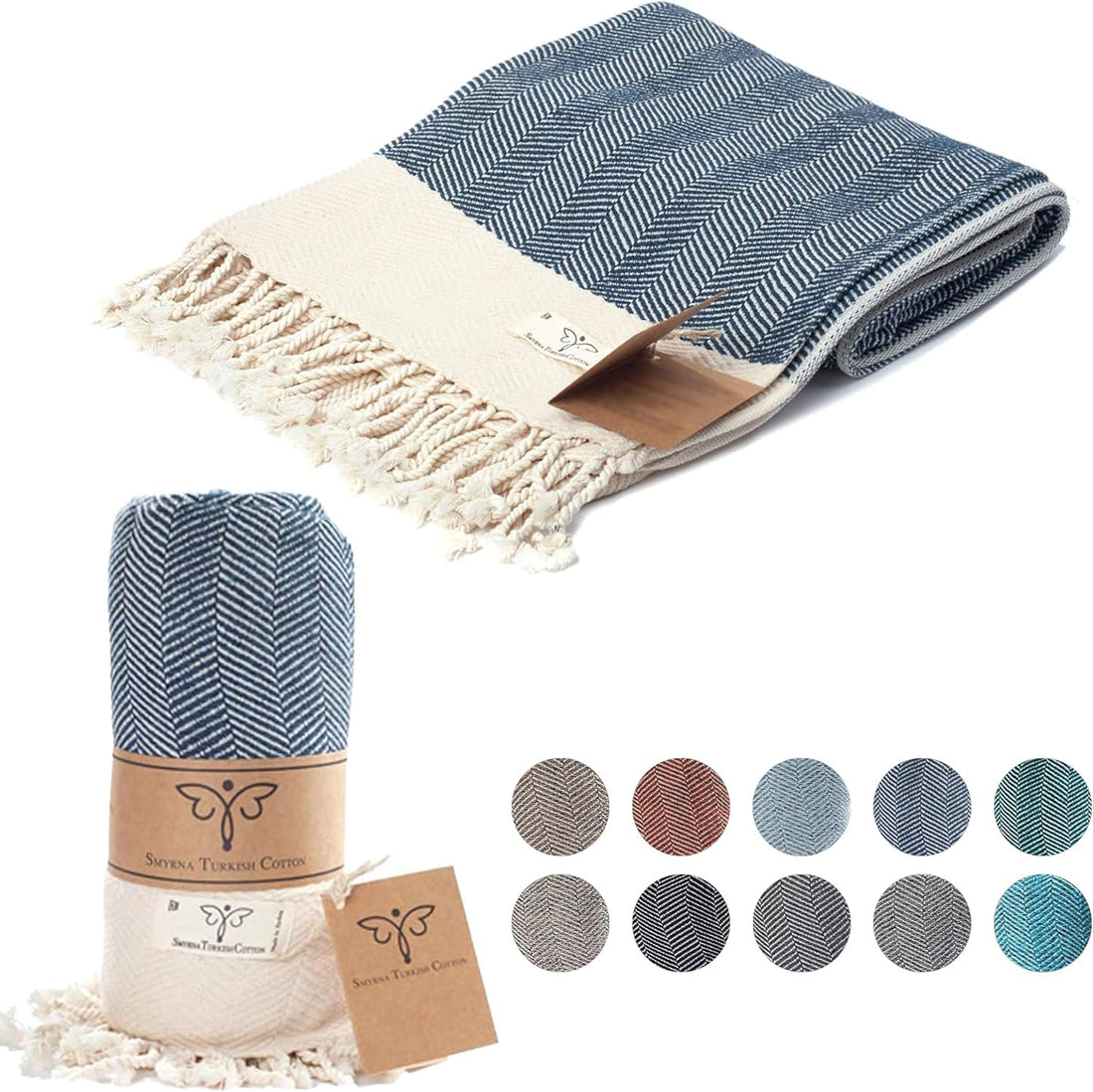 Apex Pure Turkish Cotton Herringbone Oversized Throw Blanket - Navy (60 x 80 inches)